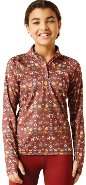 Clearance ARIAT-APPAREL Ariat® Kids’ Lowell Quarter-Zip Print Base Layer 2.0 Red Ochre Dala Horse